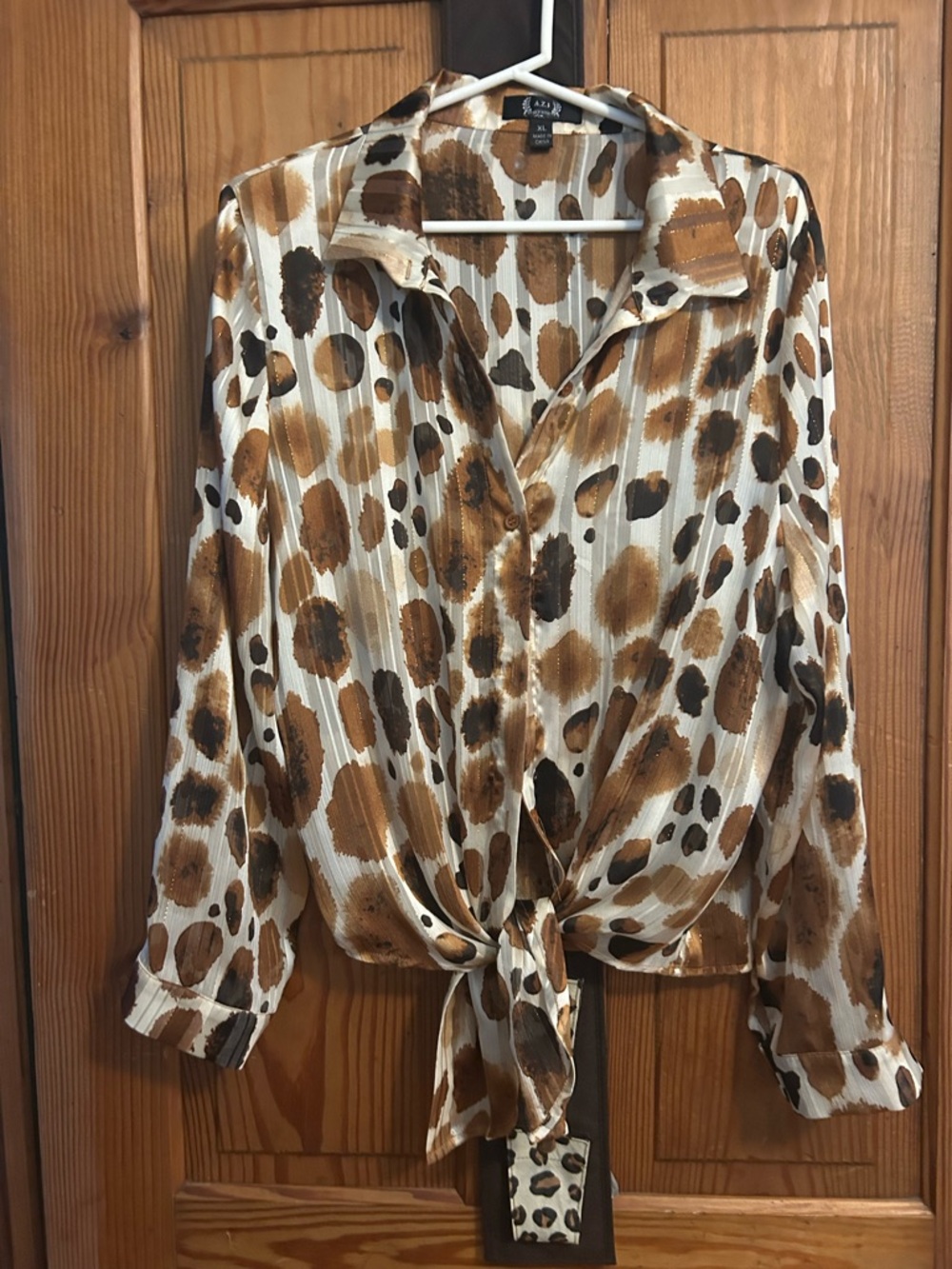 Animal Spot Tie-Front Button-Down Shirt in Brown & White